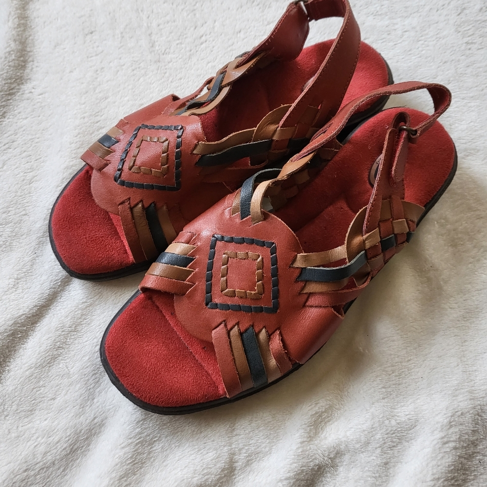 Dr. Scholls leather woven sandals red sz 7.5 W tribal southwest